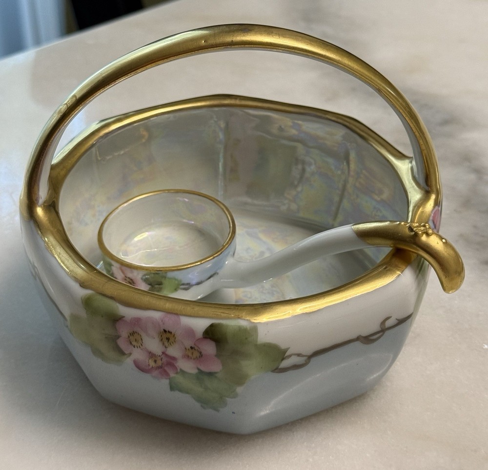 RS Prussia Tillowitz Hand Painted Pink Flowers Bowl With Spoon