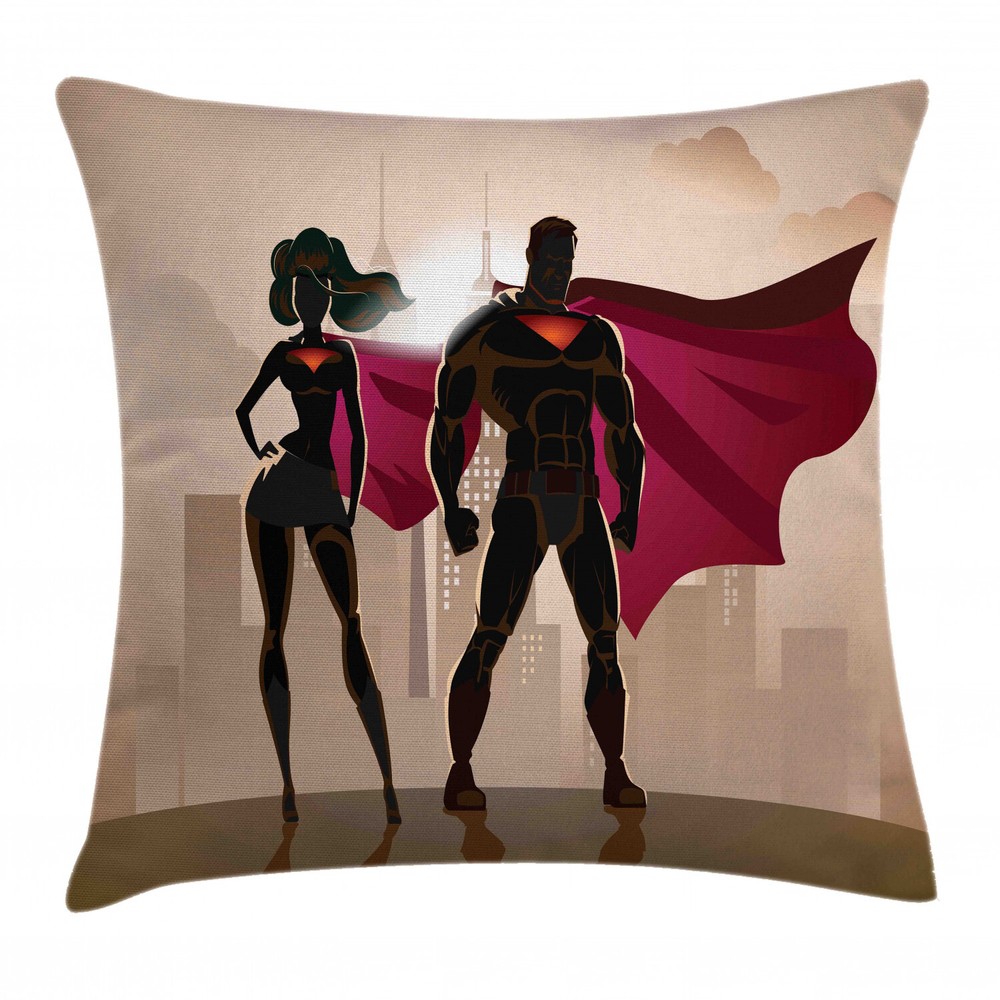 Superhero Couple City Hero 16-Inch Square Throw Pillow Case Cover