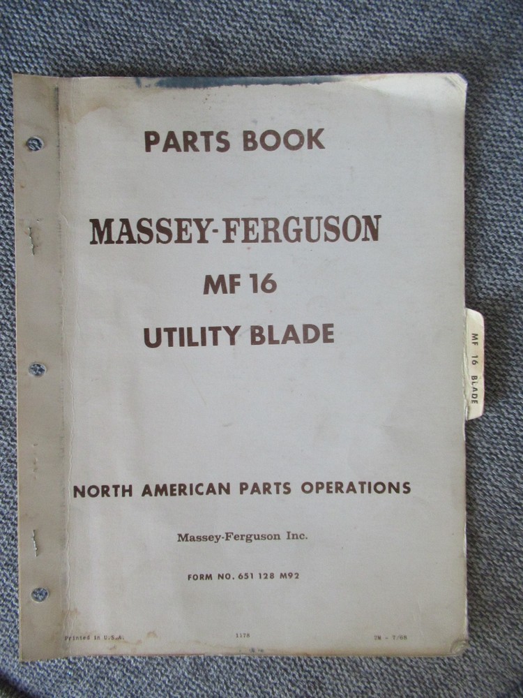 1968 Massey Ferguson MF16 Utility Blade Parts Catalog Book Manual