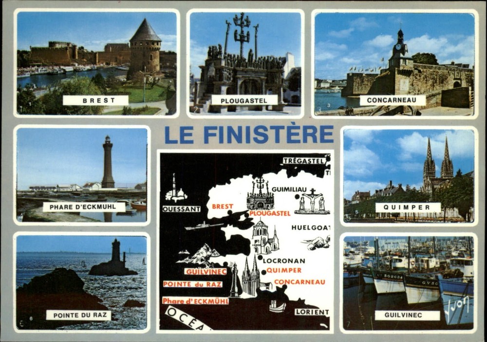 Le Finistere France map locations vintage postcard sku895