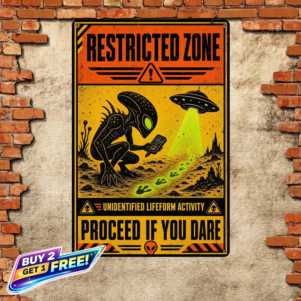 Alien Sighted Warning Sign Retro UFO Theme Metal Tin Wall Art Plaque 8x12