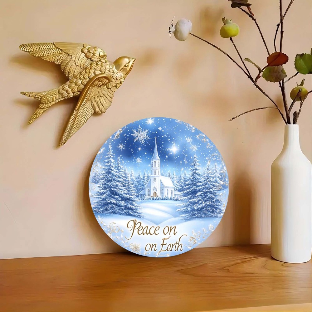 787 Inch Earth Peace Church Winter Scene Aluminum Round Wall Art