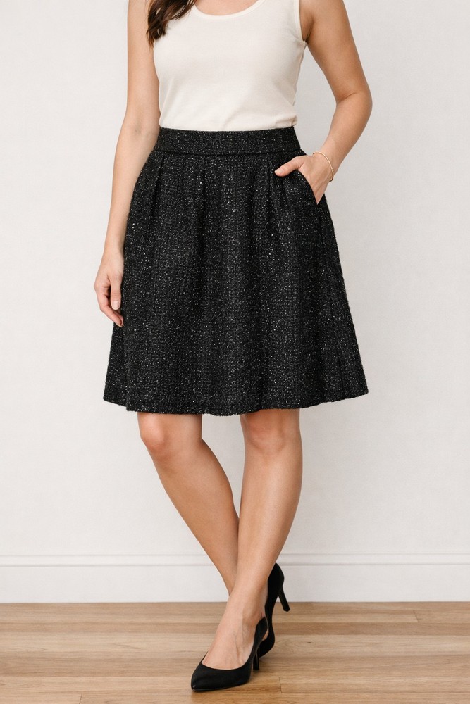J.Crew Black Tweed Skirt Size 10 Sequin Bouclé Lined Pockets Knee Length