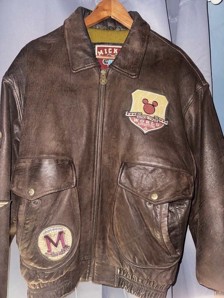 Vintage Disney Leather Bomber Jacket Mickey Mouse World Explorer Adult Size M