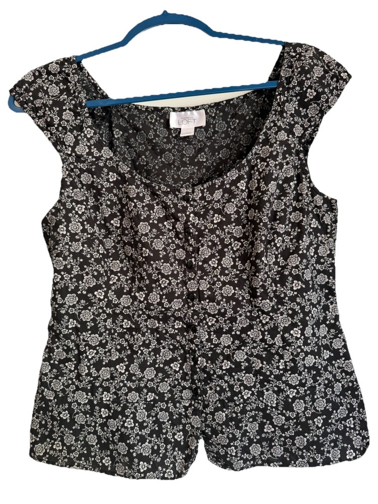 Vintage LOFT Floral Print Black White Square Neck Button Blouse Women’s Sz 8