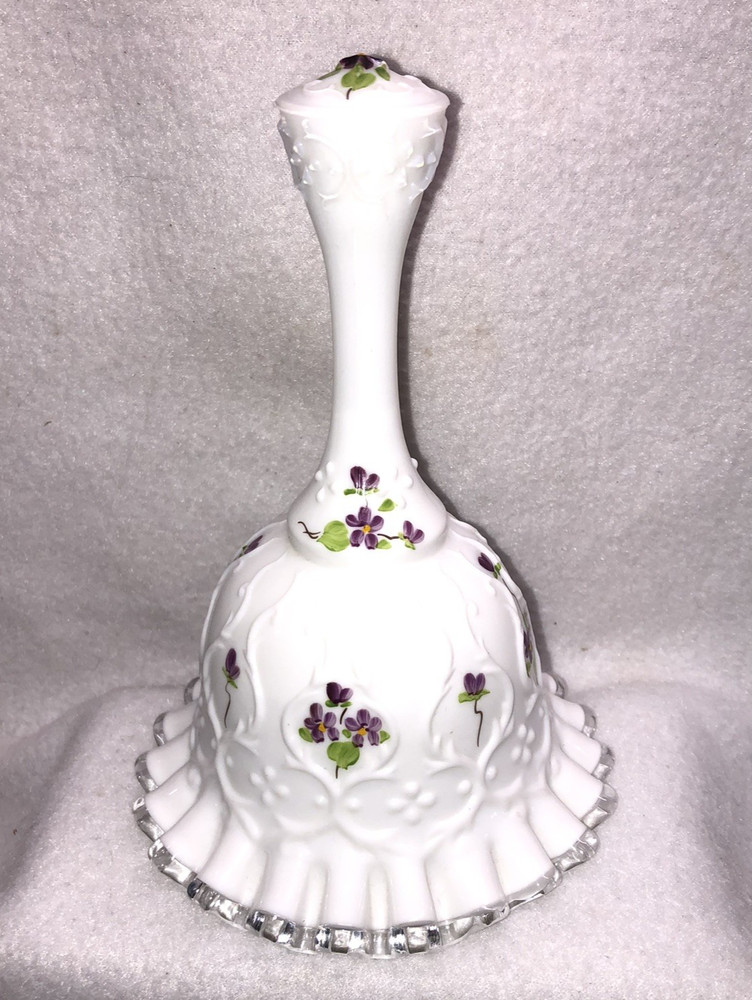 Vtg Fenton Spanish Lace Milk Glass Violets In The Snow Bell Hand Painted Signed