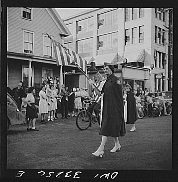 Photo:Cranston RI 1950s Women Parade with American Flags Street Scene
