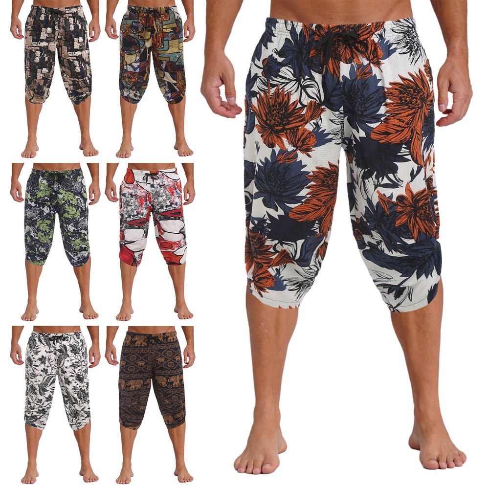 Men Jogging Costume Floral Boho Harem Trousers Loose Fit Baggy Shorts Pants