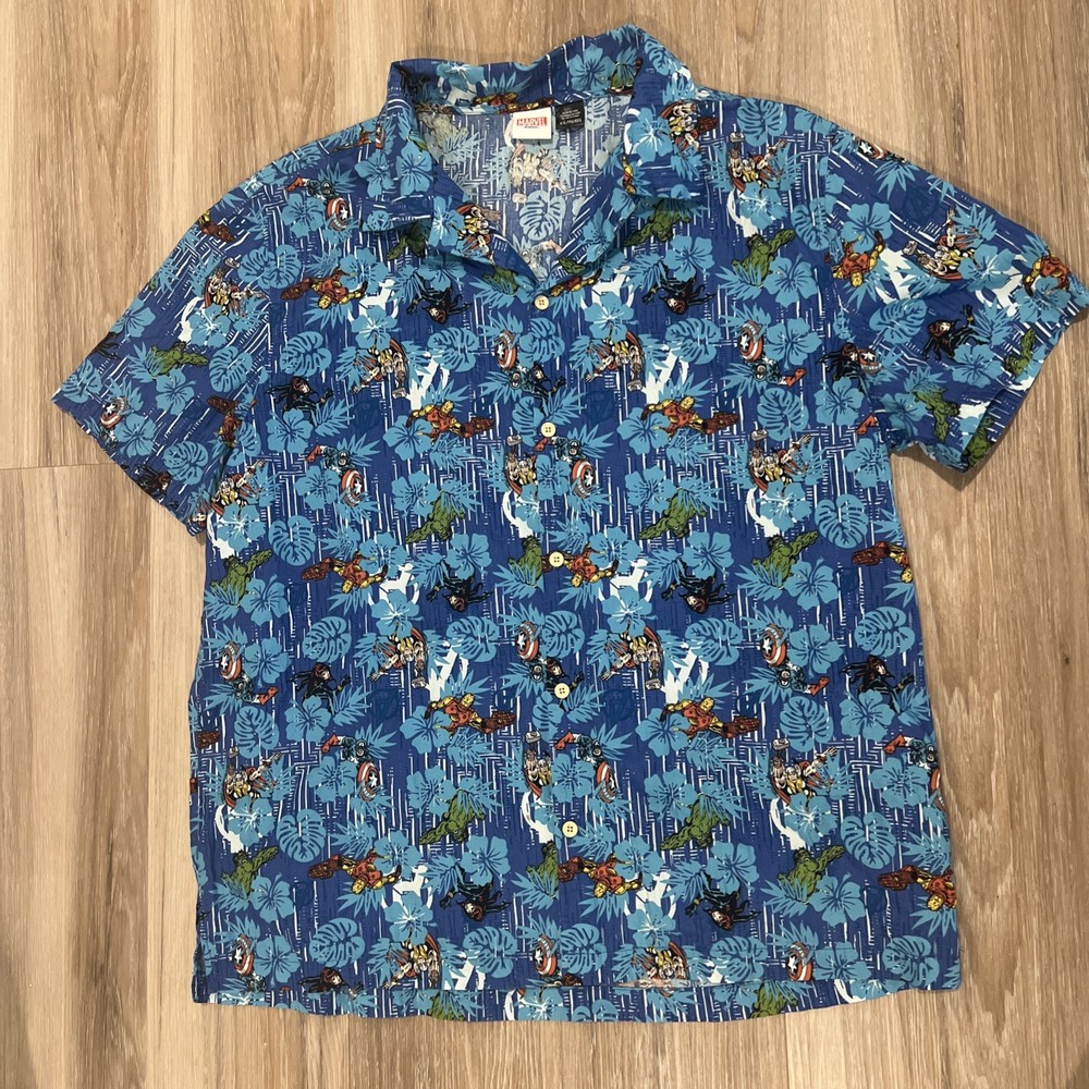 Marvel Shirt Mens XXL 2XL Blue Avengers Hawaiian Floral Iron Man Thor Hulk