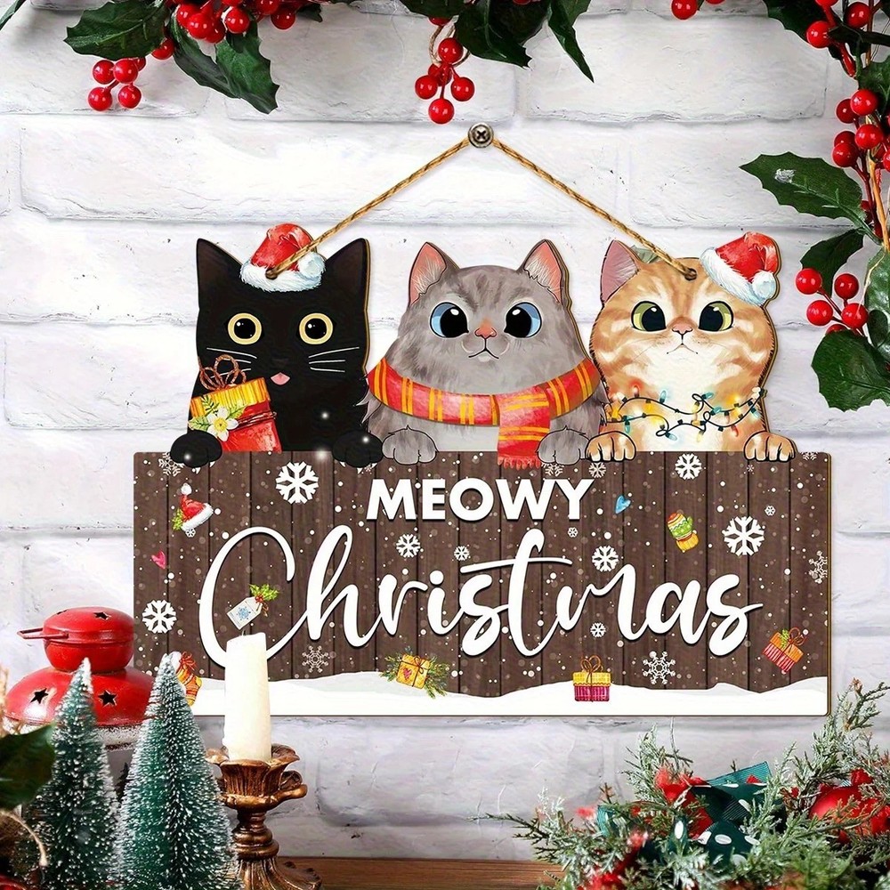 Christmas Wooden Ornament, 3 Cats in Santa Hats & Scarves, 2d Flat Design