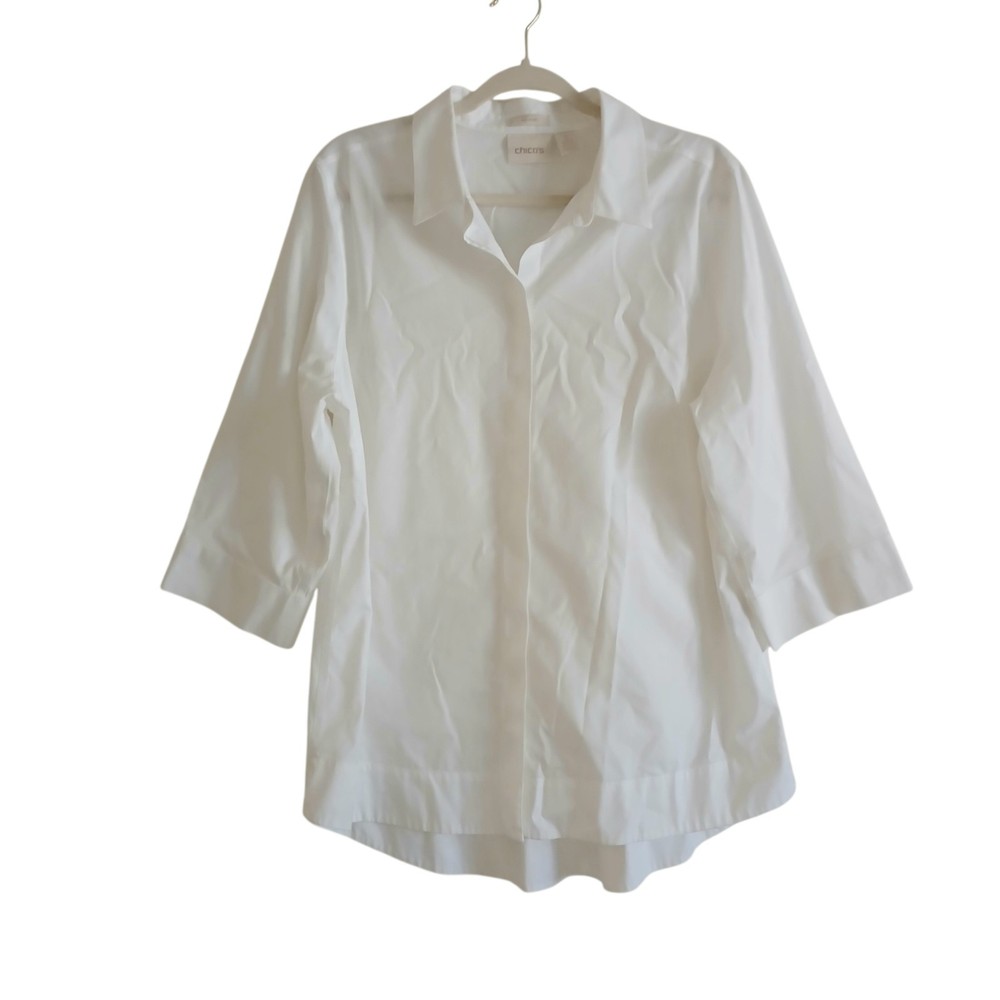 CHICO'S Cotton Poplin No Iron Peplum Back Button Up Top Women’s XL White Classic