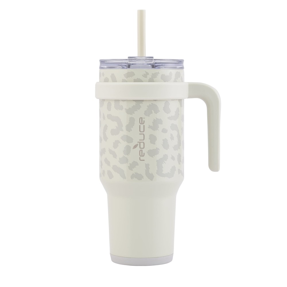 Tumbler - Straw, Lid & Handle. Insulated Stainless Steel 40oz, Snow Leopard