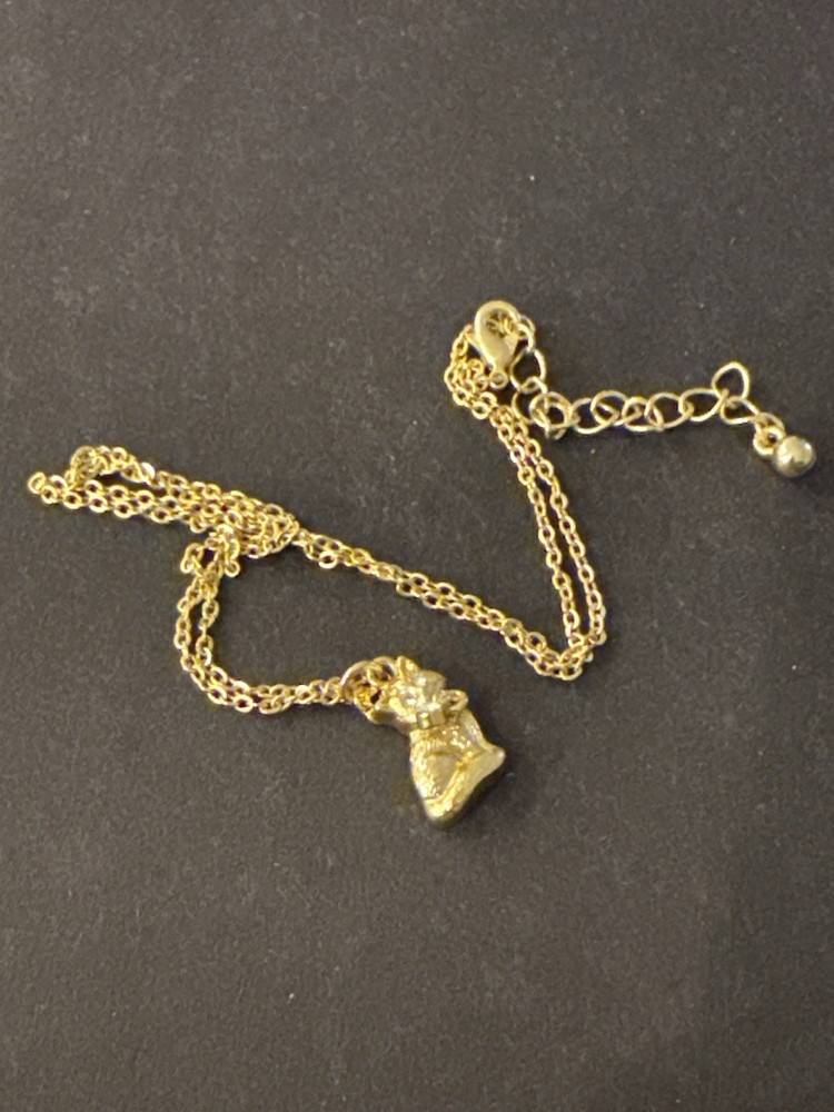 VTG Gold Tone Cat Necklace Rhinestone Kitten Pendant Holding Crystal Unmarked