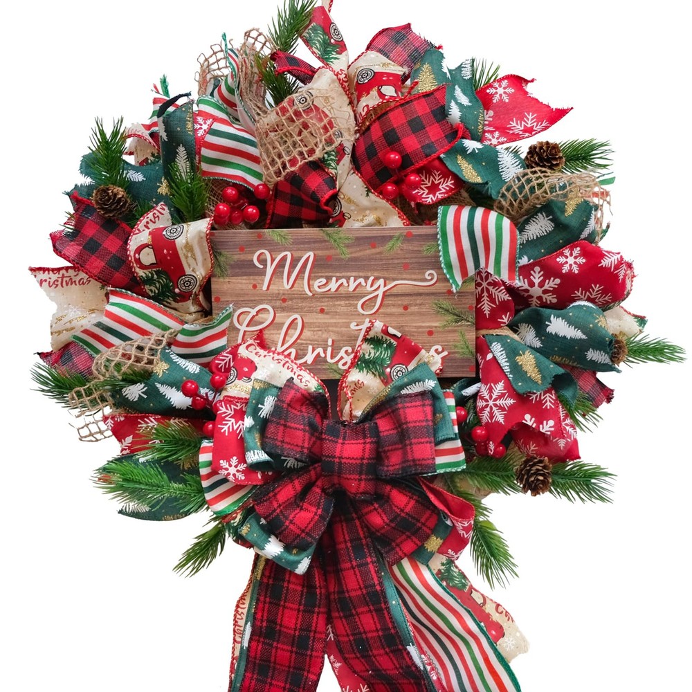 18 Inch Christmas Mesh Wreath for Front Door with Red Green Ribbon Bow Holiday Decor