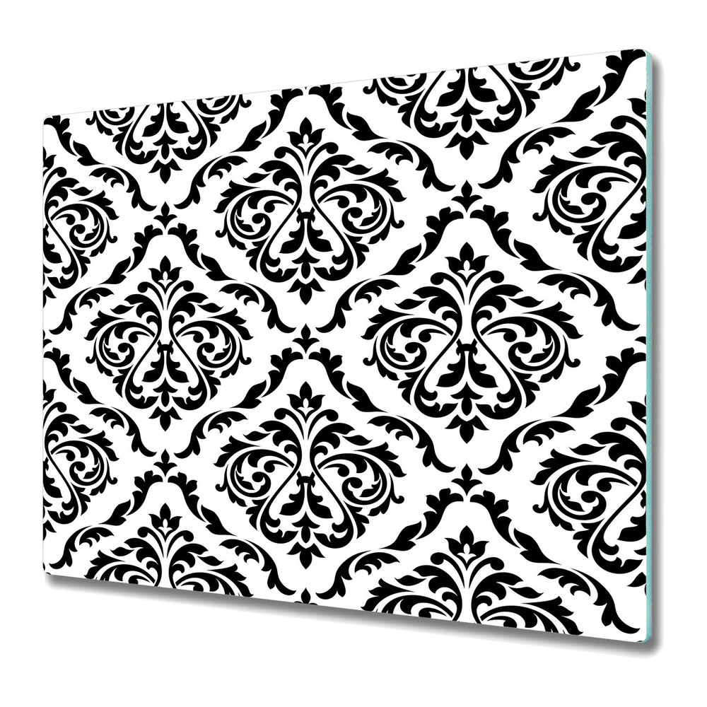 Glass Worktop Saver with Damask Black and White Floral Design 60x52 for Kitchen