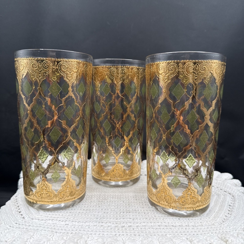 Vtg MCM Culver Valencia High Ball Glasses 22k Gold  Set of 3 Hollywood Regency