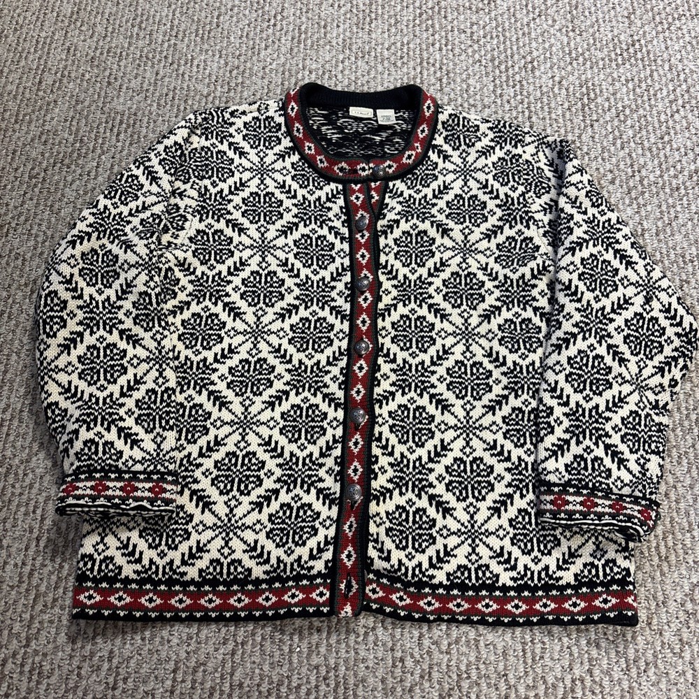 LL Bean Cardigan Sweater Womens XL White Nordic Fair Isle Wool Button Up
