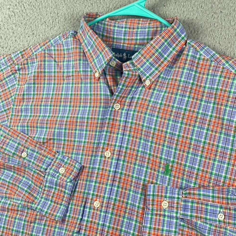 Ralph Lauren Classic Fit Button Down Shirt Men's Large Orange Blue Plaid
