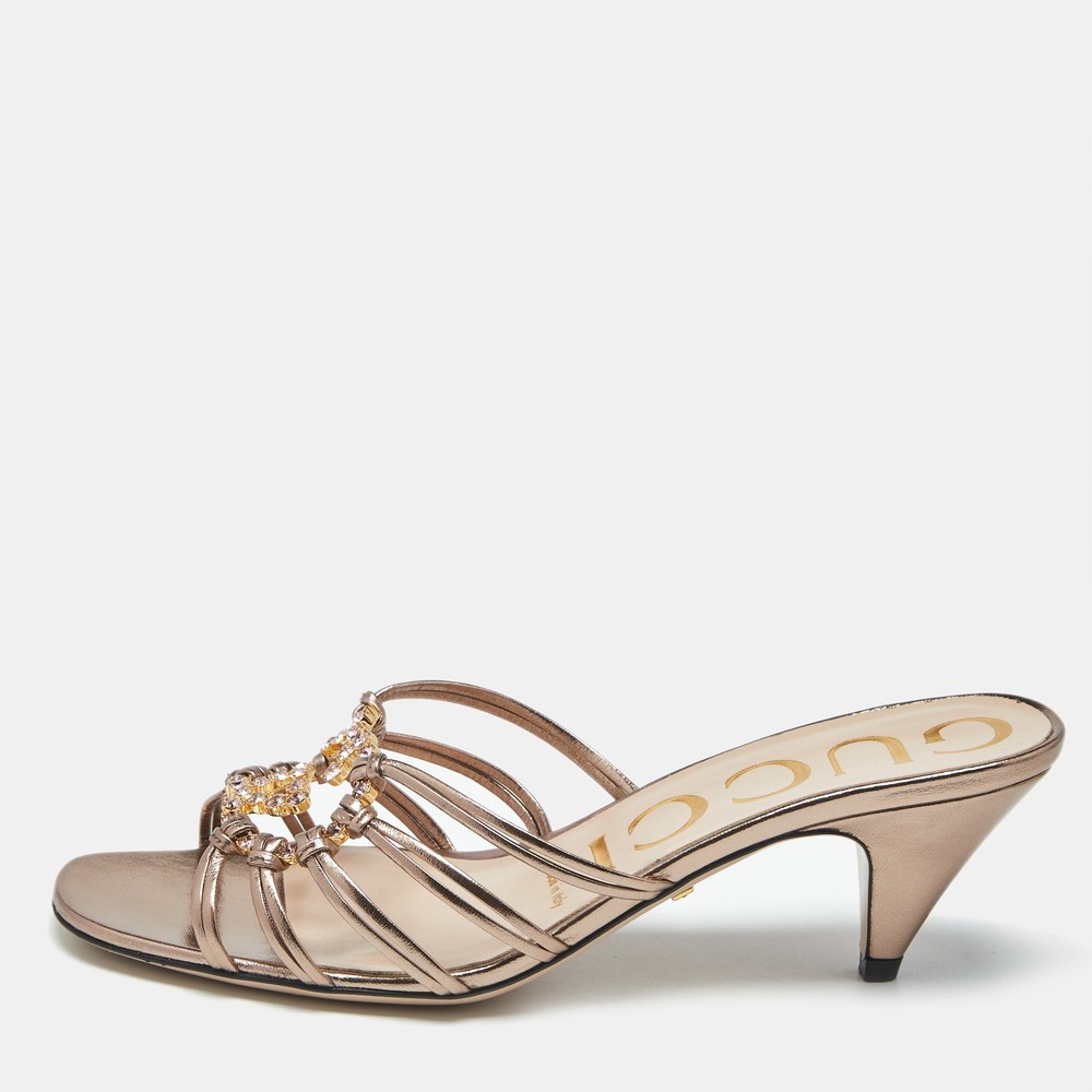 Gucci Rose Gold Leather Interlocking G Slide Sandals Size 36.5