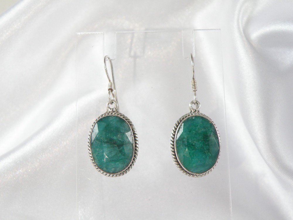 Vintage Sterling Silver 925 Natural Emerald Dangle Drop Earrings