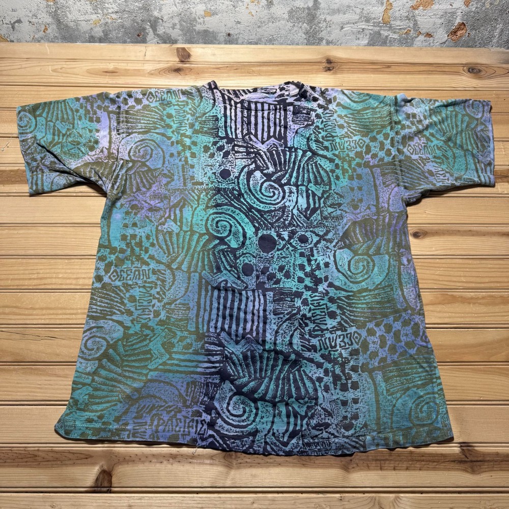 Vintage 90s Swirl Tribal Pacific Ocean Abstract All Over Print T-Shirt Men's XL