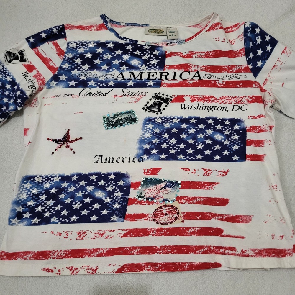 America Women's Top Size L Patriotic 3/4 Sleeve Cotton Red White Blue T-Shirt