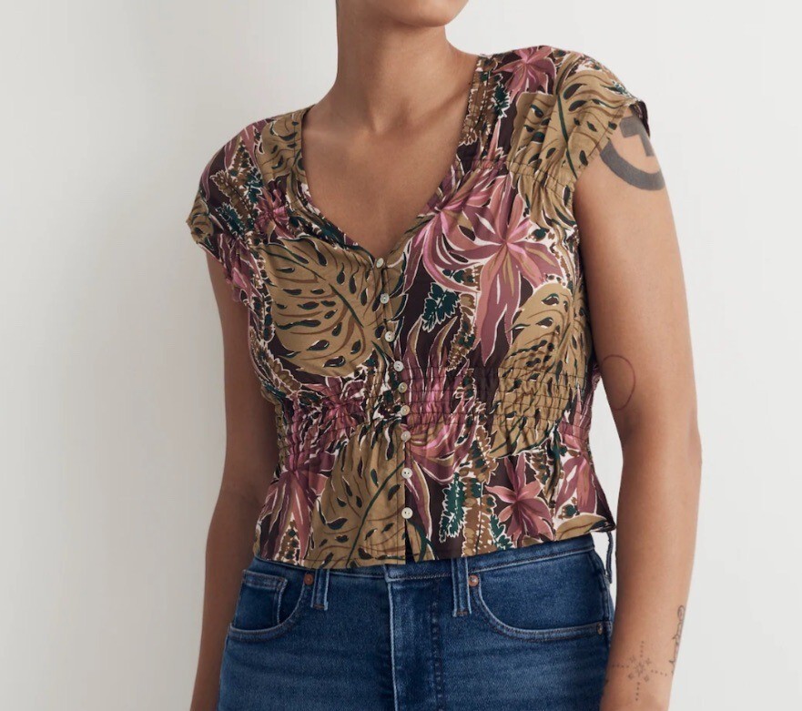 Madewell Shirred Cap-Sleeve Top in Brushstroke Monstera linen floral sz XL