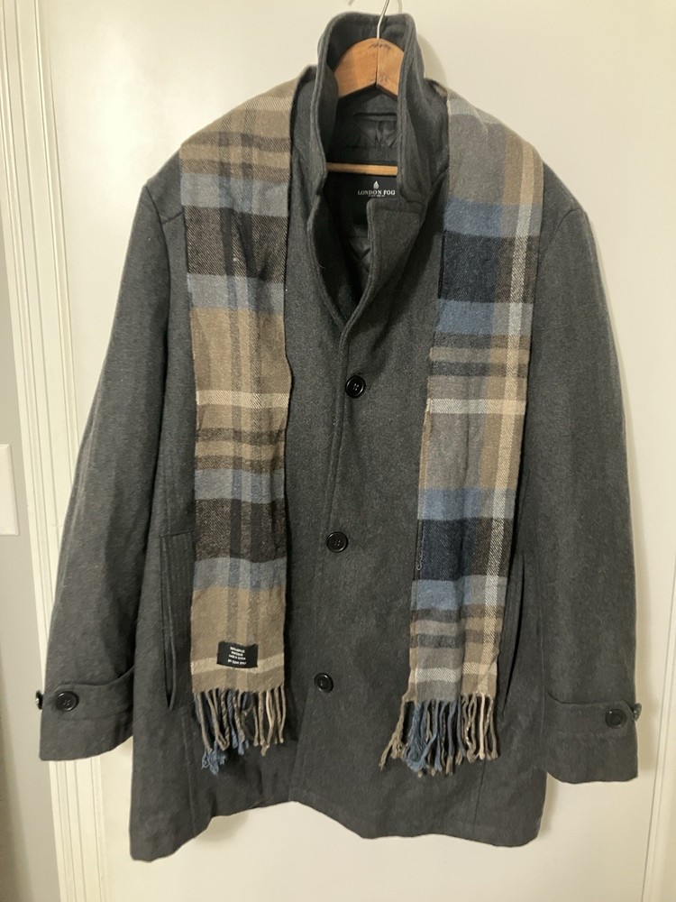 London Fog Women's Wool Blend Coat L Grey Button Front W/ Plaid Scarf Jacket