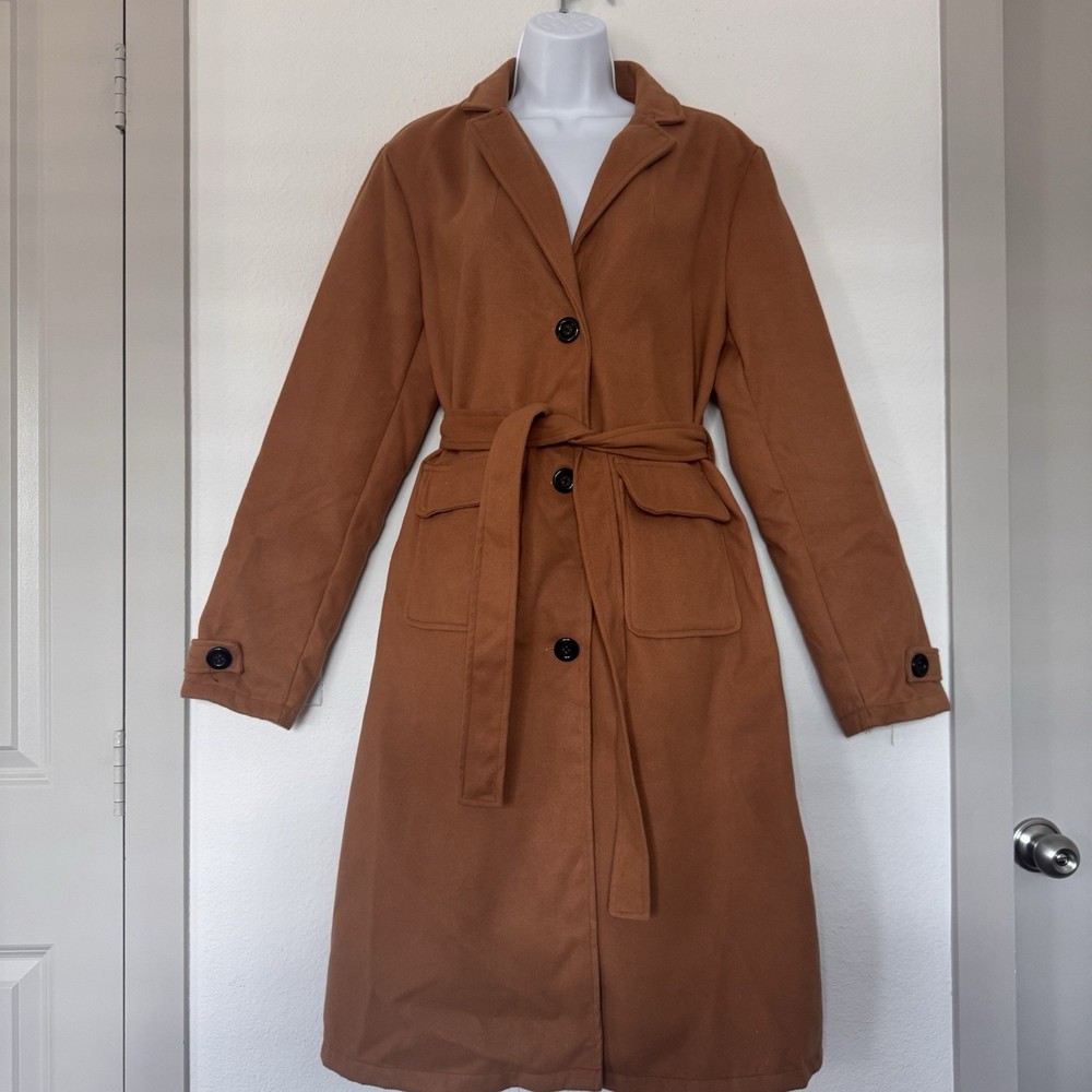Women’s Camel Brown Long Belted Coat Classic Style Size 4XL