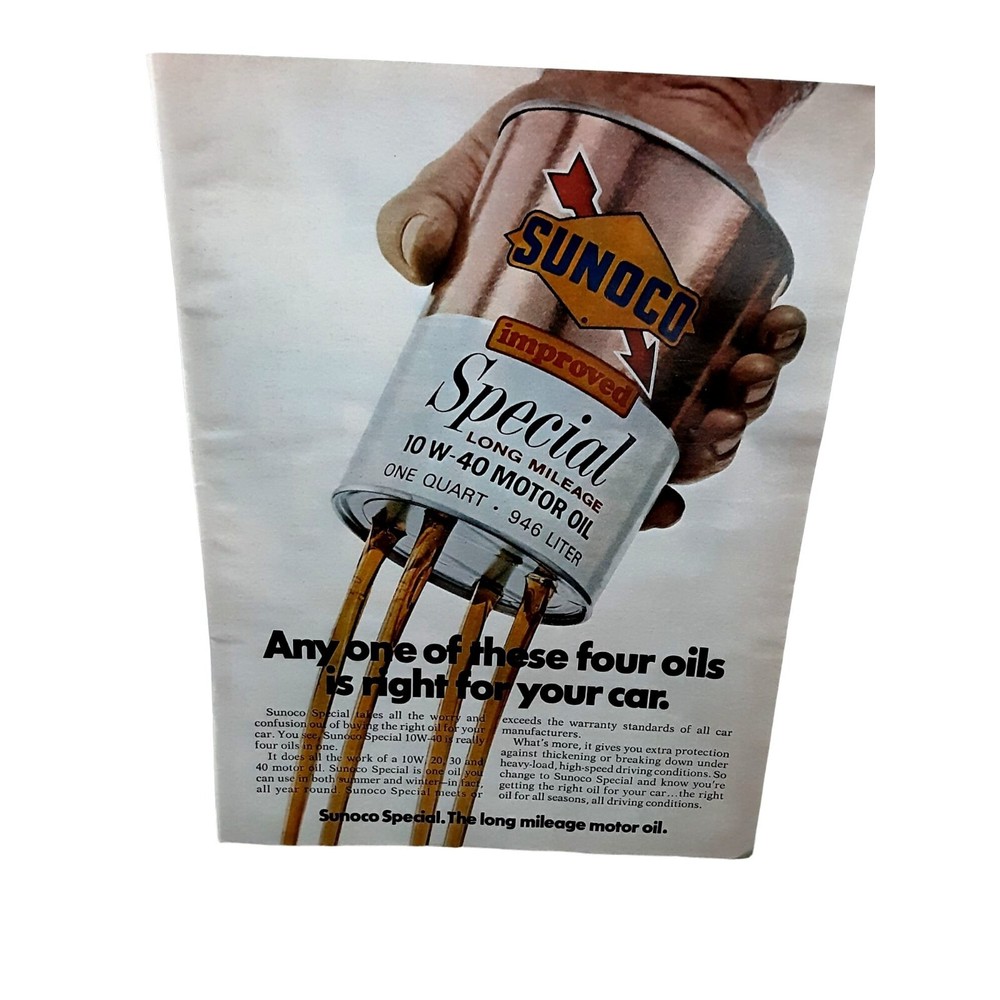 1972 Sunoco Long Mileage Motor Oil Original Print Ad Vintage