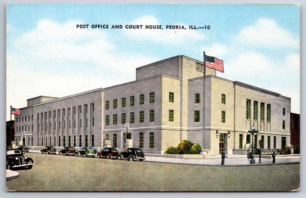 Peoria Illinois~Post Office Court House Bldg~US Flag~Cars~1940s Linen Postcard