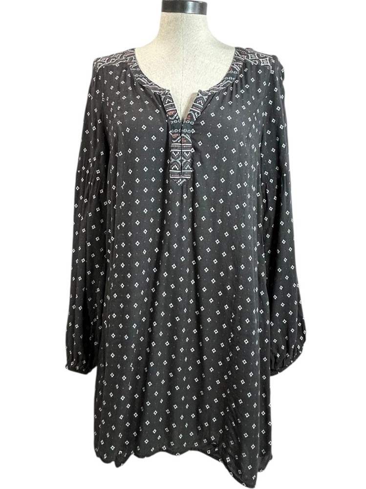 ROXY Tunic Mini Dress Sz M Black White Geometric Print VNeck Peasant Sleeve Boho
