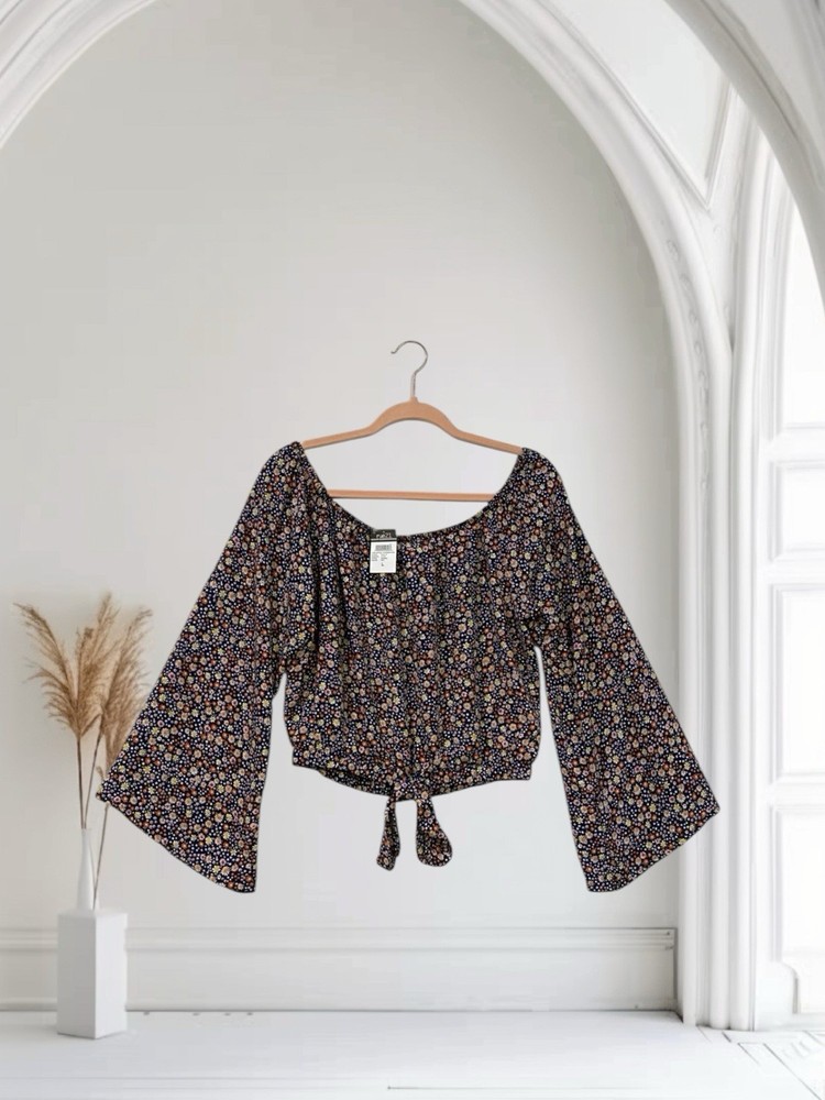 Rue 21 Floral Bell Sleeve Off The Shoulder Crop Top Women’s Large Boho Y2K NWT