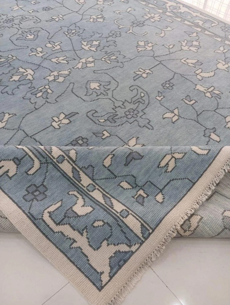 Hand Knotted Oushak Rug Blue Floral Oriental Wool Area Rug Living Room Carpet