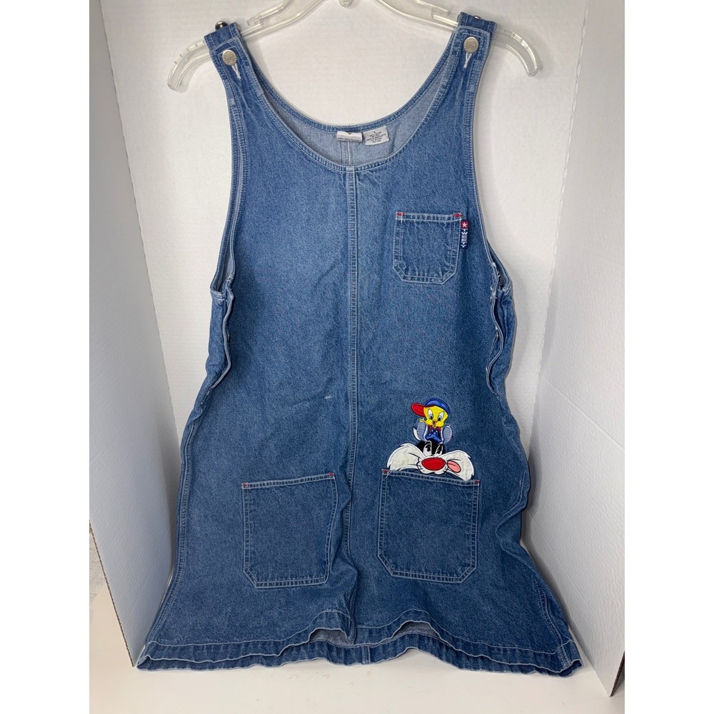 Looney Tunes Denim Dress Overalls Vintage Sylvester and Tweety Cartoon Size L