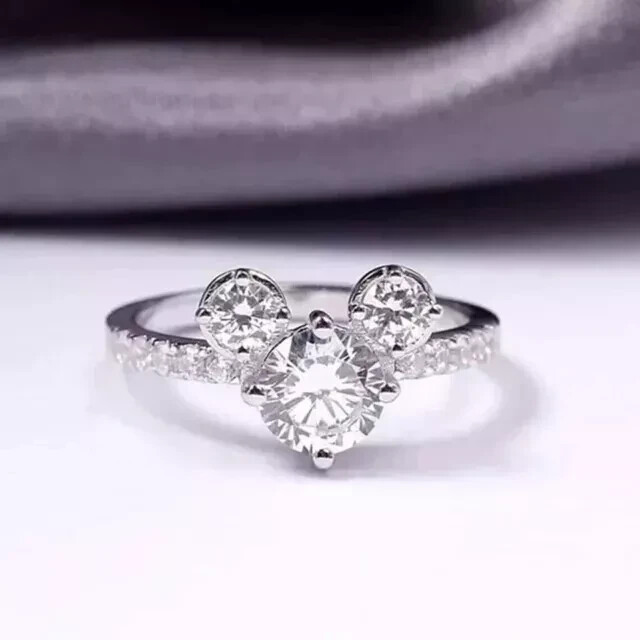 2Ct Round Cut Natural Moissanite Mickey Mouse Ring in 14k White Gold Plated