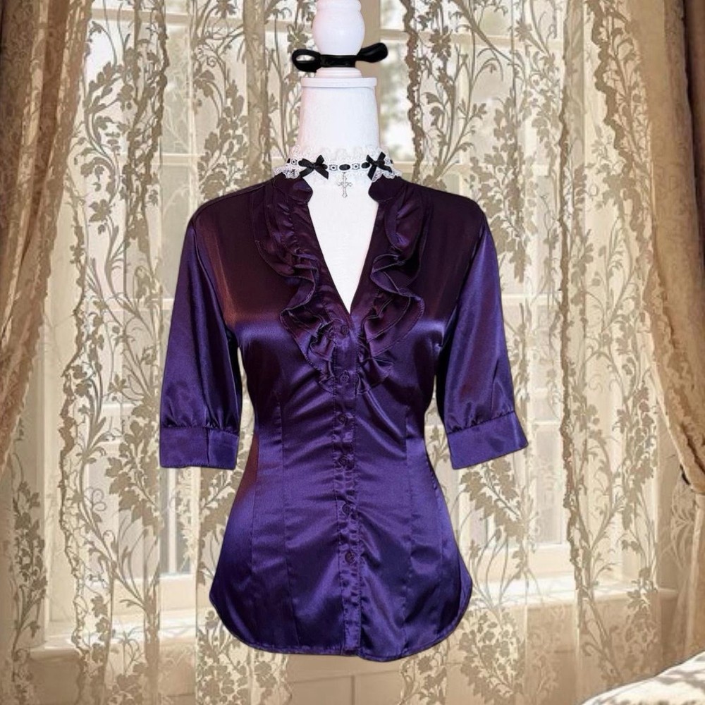 Vintage Y2K Whimsygoth Fairycore Purple Satin Ruffle Button Up Top