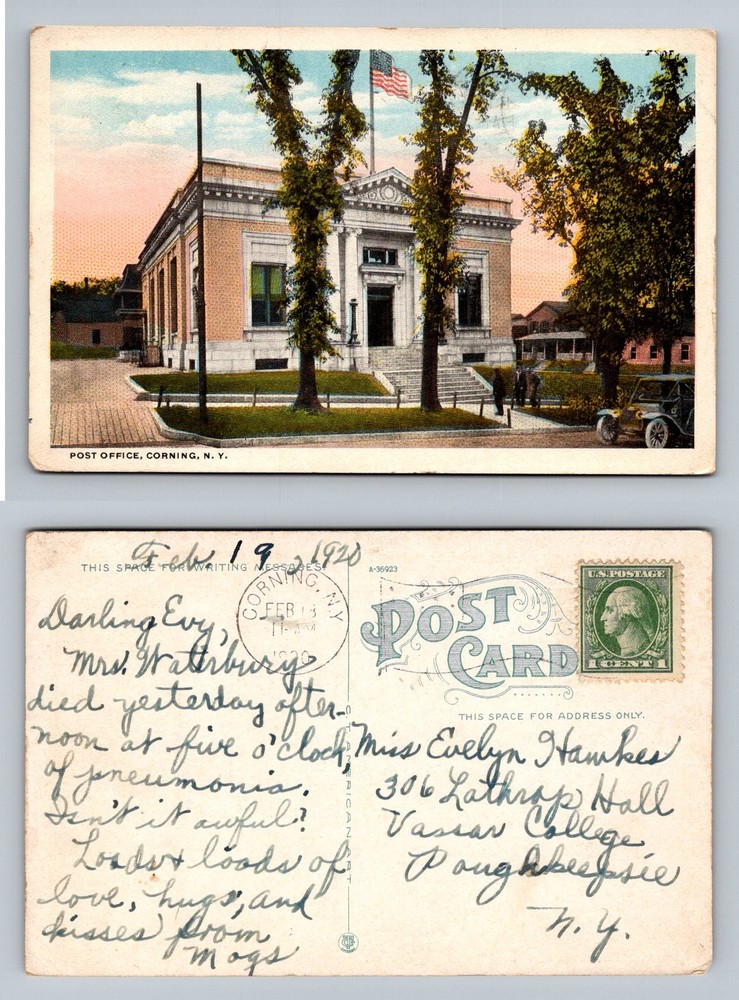 Corning, NY-New York, Post Office Building With Flag View Vintage c1920 Postcard