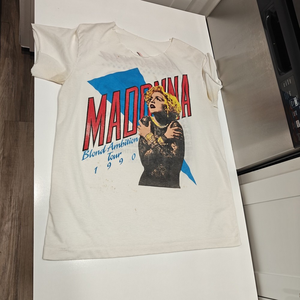 Vintage Madonna Blond Ambition Tour 1990 T-Shirt White Cut Off Distressed Tee L