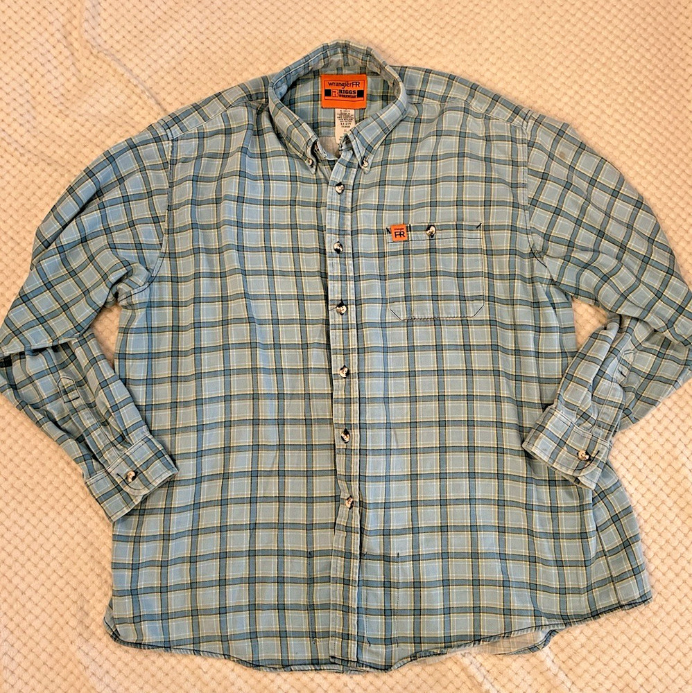 Wrangler Riggs Workwear FR Shirt Men's XL Blue Plaid Flannel Flame Resistant