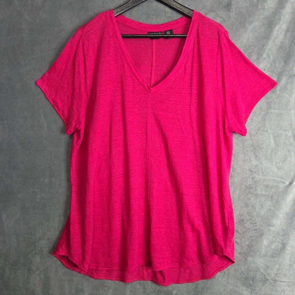 Tahari 1X Plus Linen Slub Jersey V‑Neck Short Sleeve Top Fuchsia 100% Linen