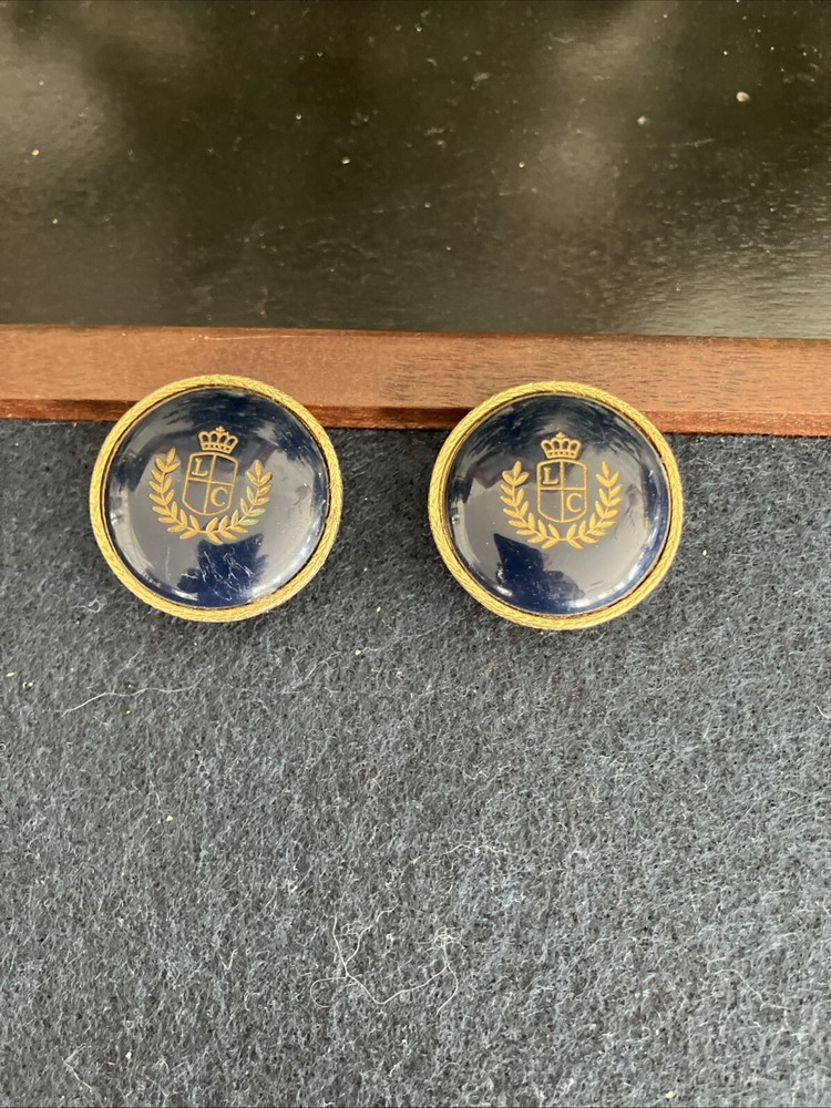 Liz Claiborne Logo Crest Clip On Button Earrings Navy Blue And Gold Tone