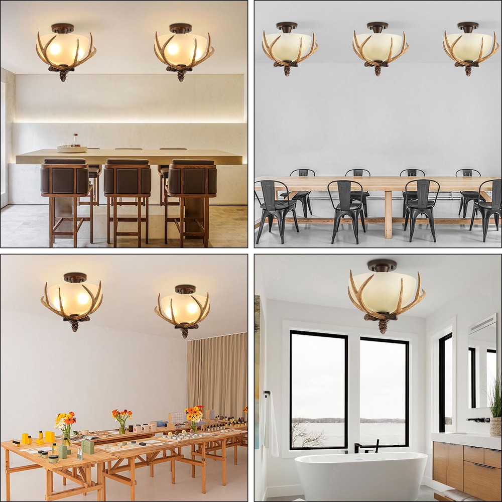 3-Light Antler Semi Flush Mount Ceiling Lamp Chandelier Rustic Decor