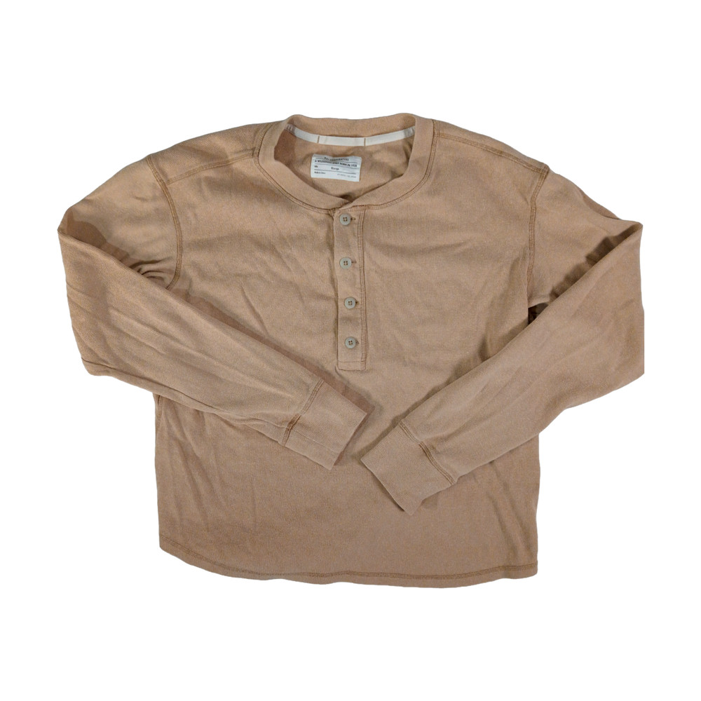 REI Co-op Mens XL Tan Organic Cotton Hemp Long Sleeve Henley Shirt Ribbed Knit