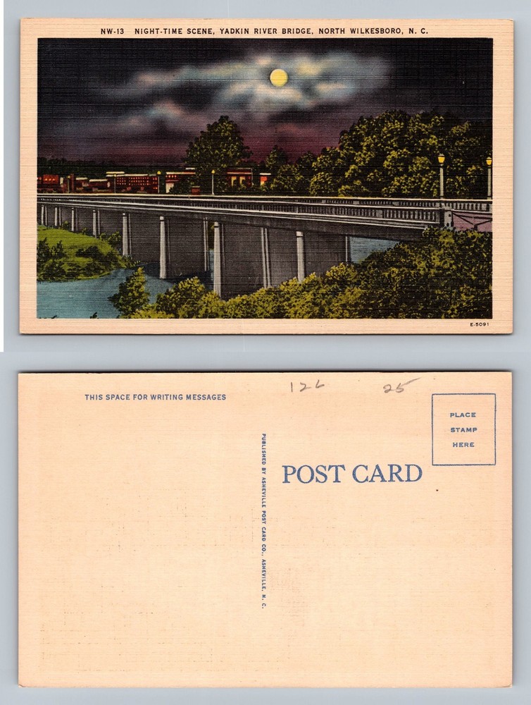 North Wilkesboro, NC-North Carolina, Yadkin River Bridge Night Vintage Postcard