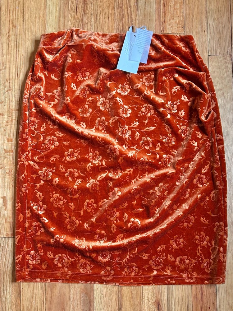 Grace Karin Velvet Floral Burnout Pencil Skirt XL Rust Orange Hibiscus NWT