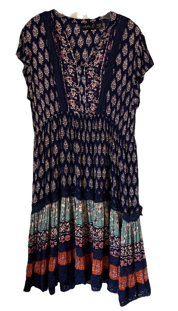 Lola P Boho Dress, Tiered Skirt, Crochet Trim, Flutter Sleeve, Size XL