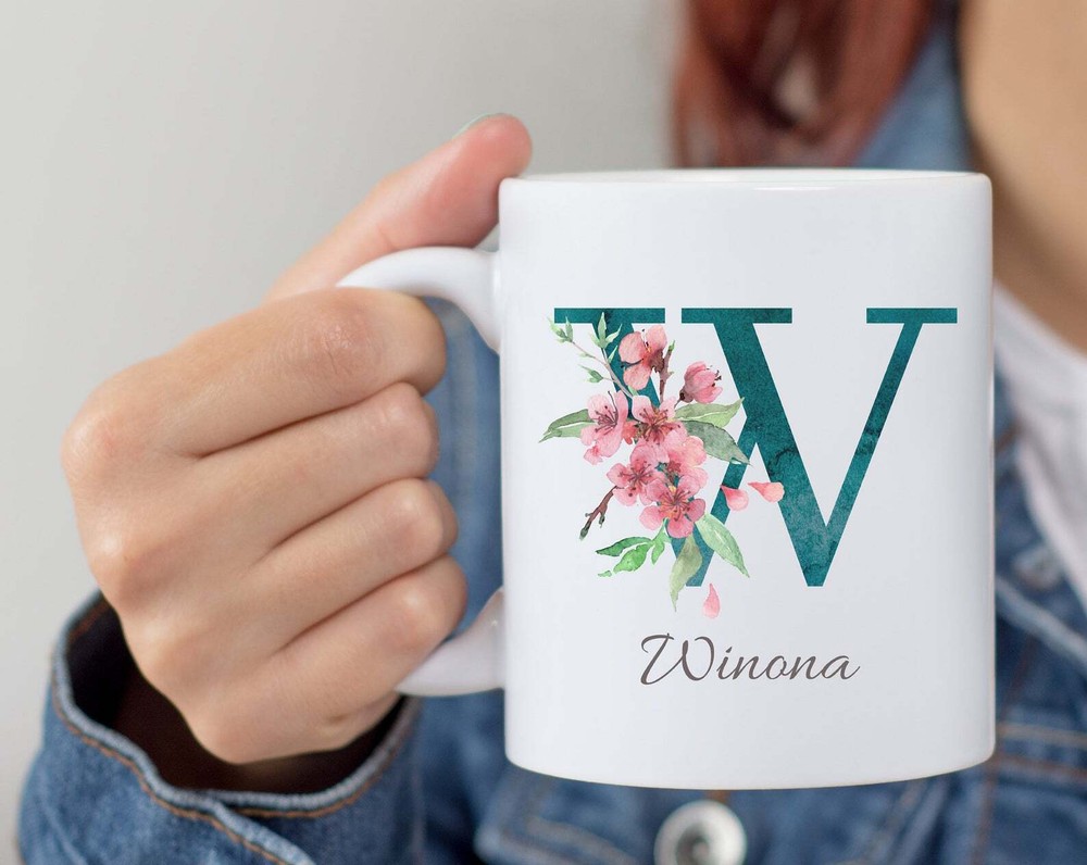 Personalized Monogram Initial Name Mug Floral Alphabet Cup Birthday Gift