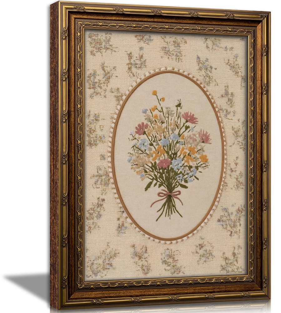Vintage Gold Framed Wall Art, Cottagecore Pink Wildflower Bouquet Picture Wal...