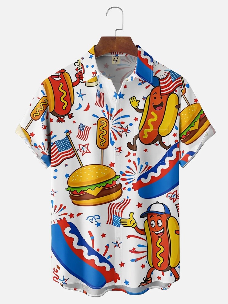 Gradient American Flag Hot Dog Sandwich Chest Pocket Holiday Shirt